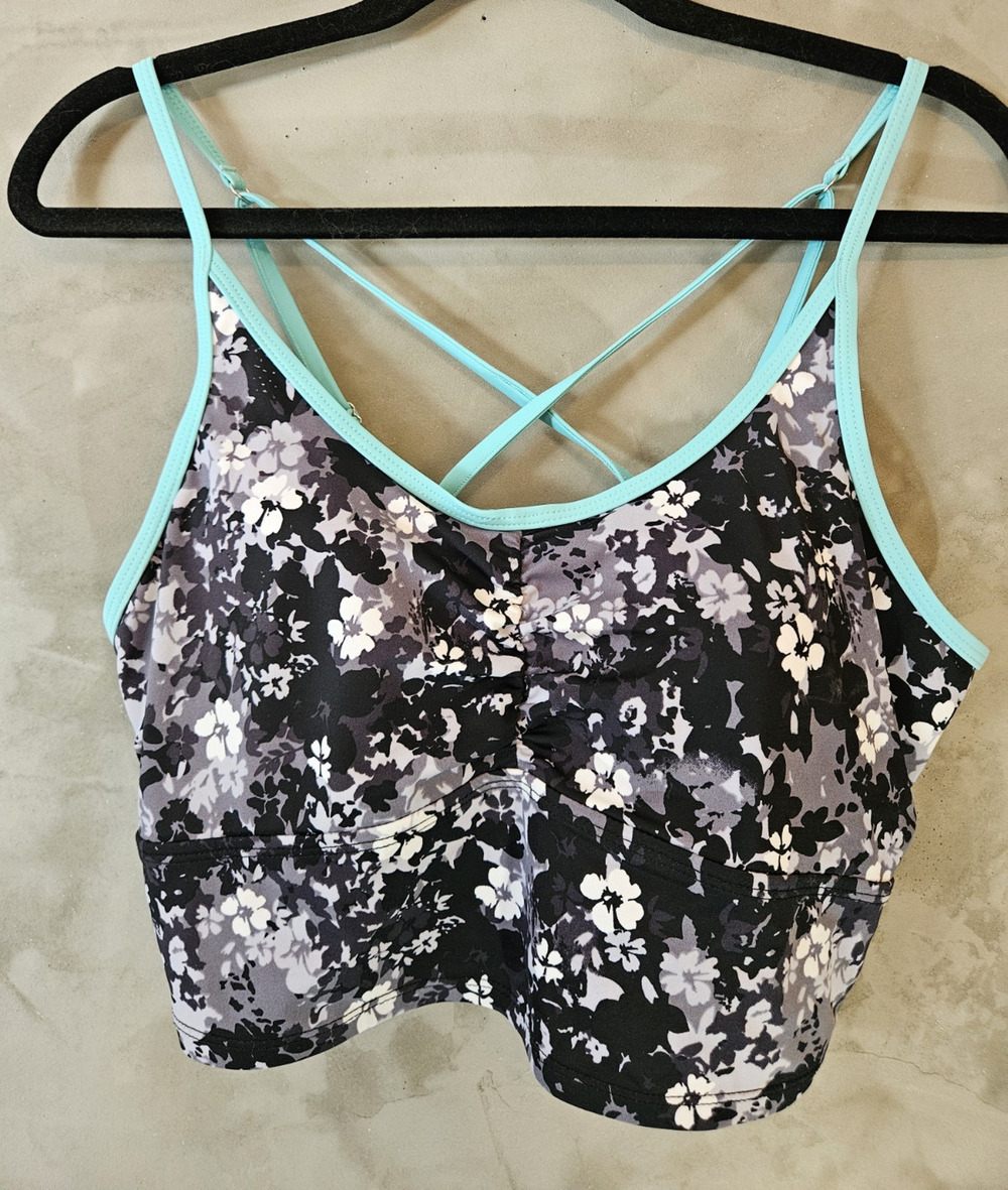 Free Country Floral Sports Bra Swim Top L Crossback Adjustable Wireless Poly